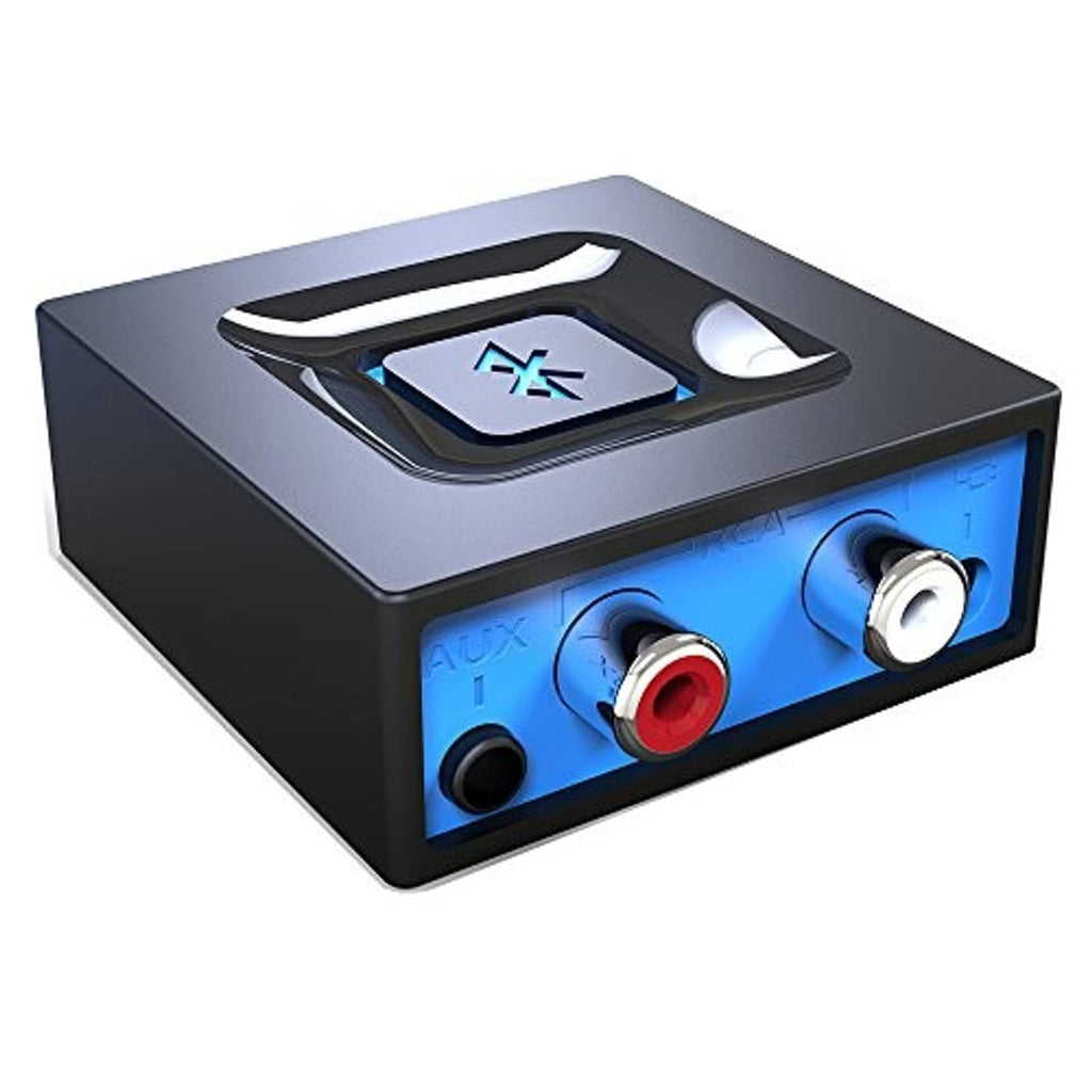 Esinkin Bluetooth audio adapter with AUX and RCA inputs, volume knob, blue display