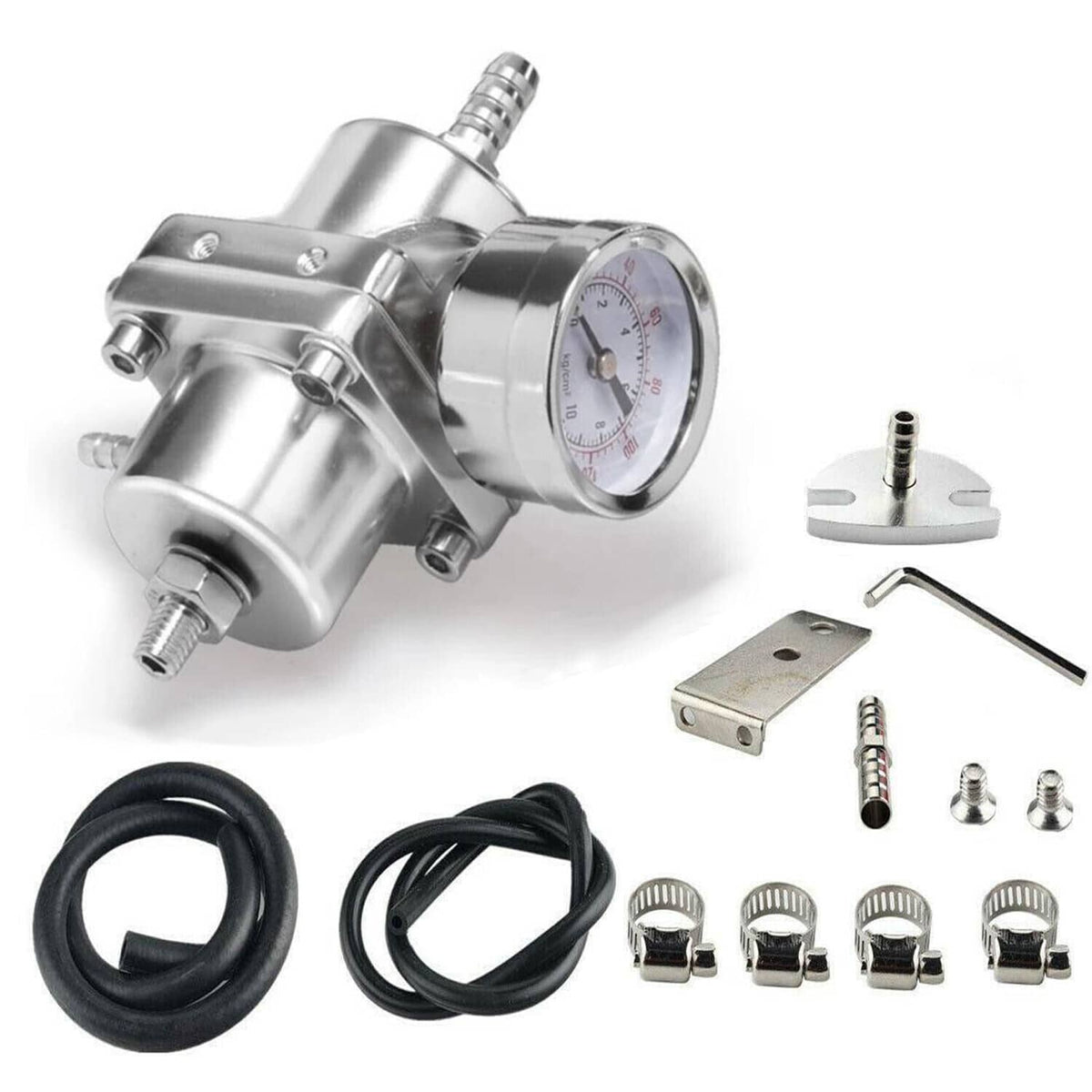 Adjustable fuel pressure regulator with 0–140 psi dial gauge and mounting hardware kit