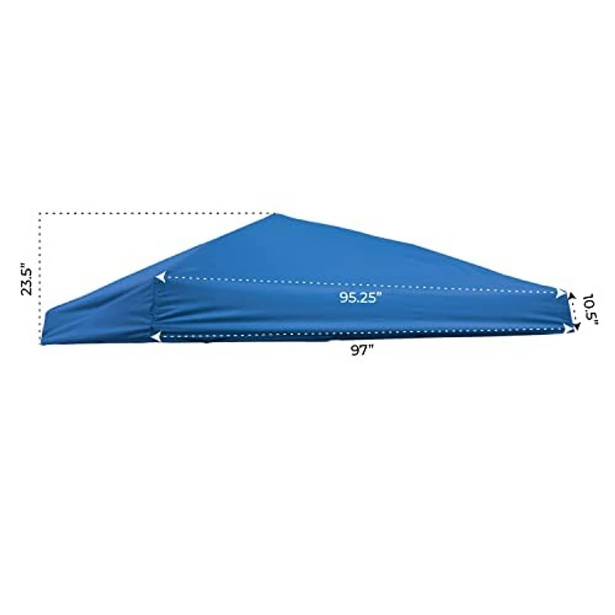 Blue replacement canopy top cover with peaked roof and side dimensions shown