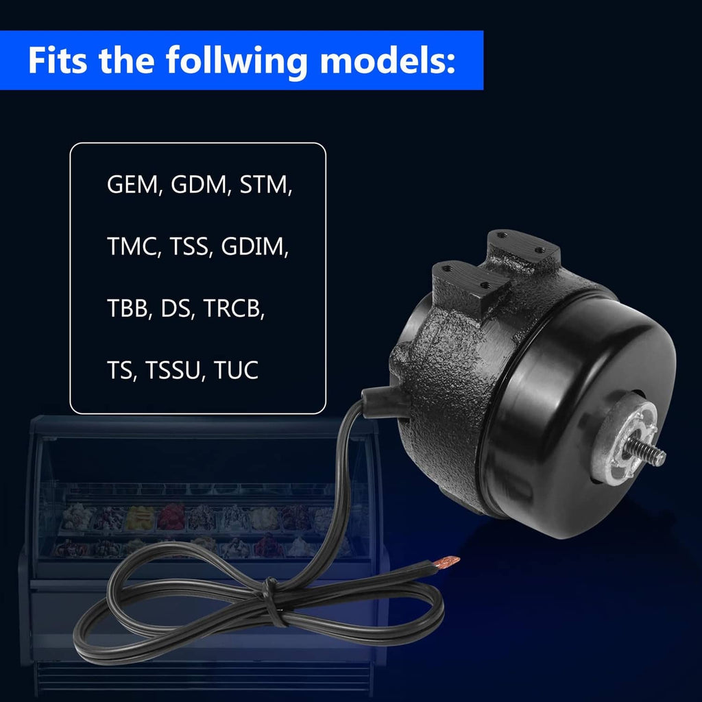 Black fan motor with shaft pin, mounting base, and long wire harness