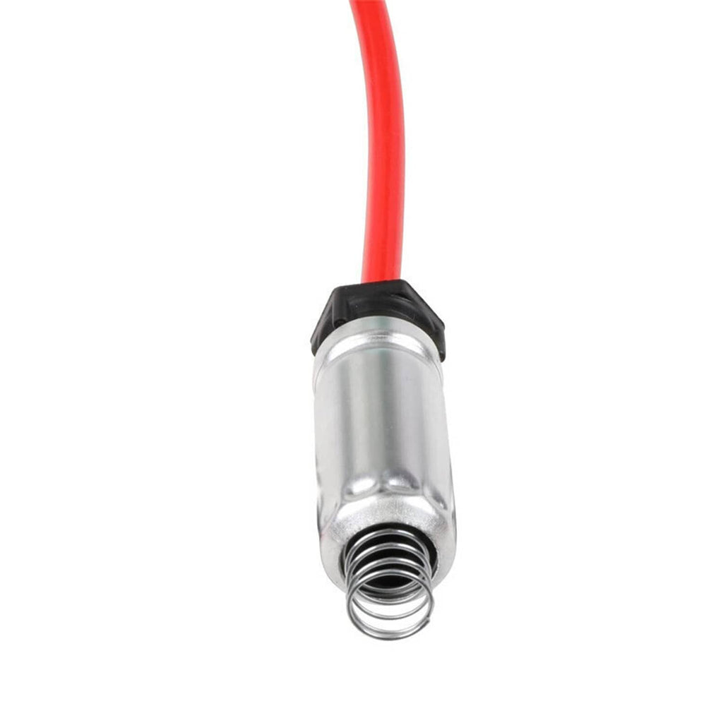 Spark plug wire with red cable and silver threaded connector, black boot end