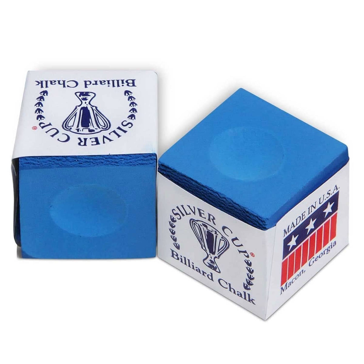 Electric blue billiard chalk cubes with white and blue Silver Cup box ends.