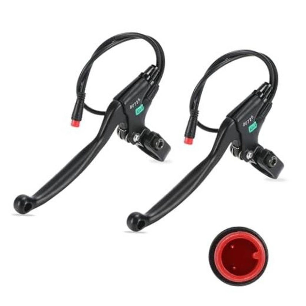 Set of two black e-bike mechanical brake levers with cables and red end caps