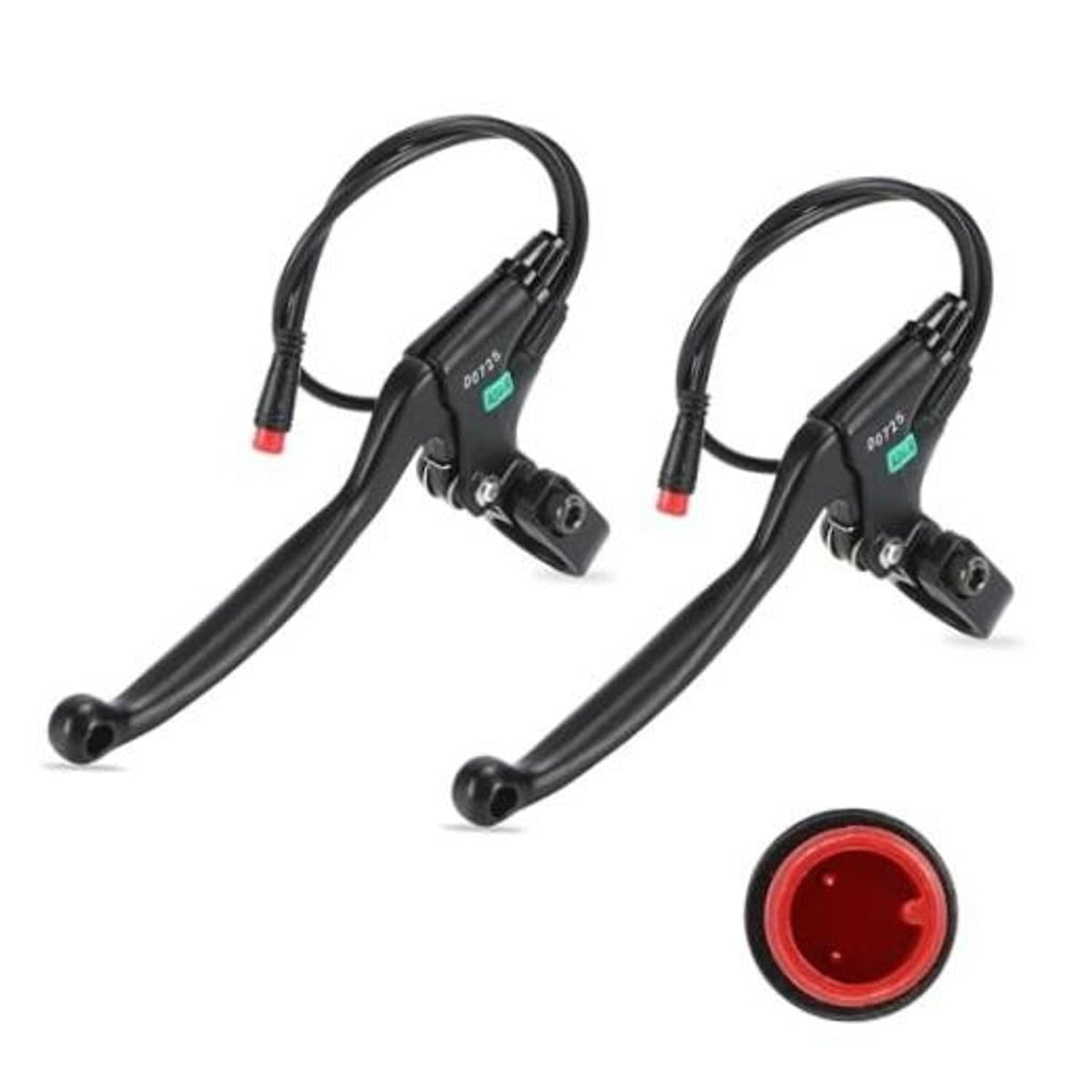 Set of two black e-bike mechanical brake levers with cables and red end caps