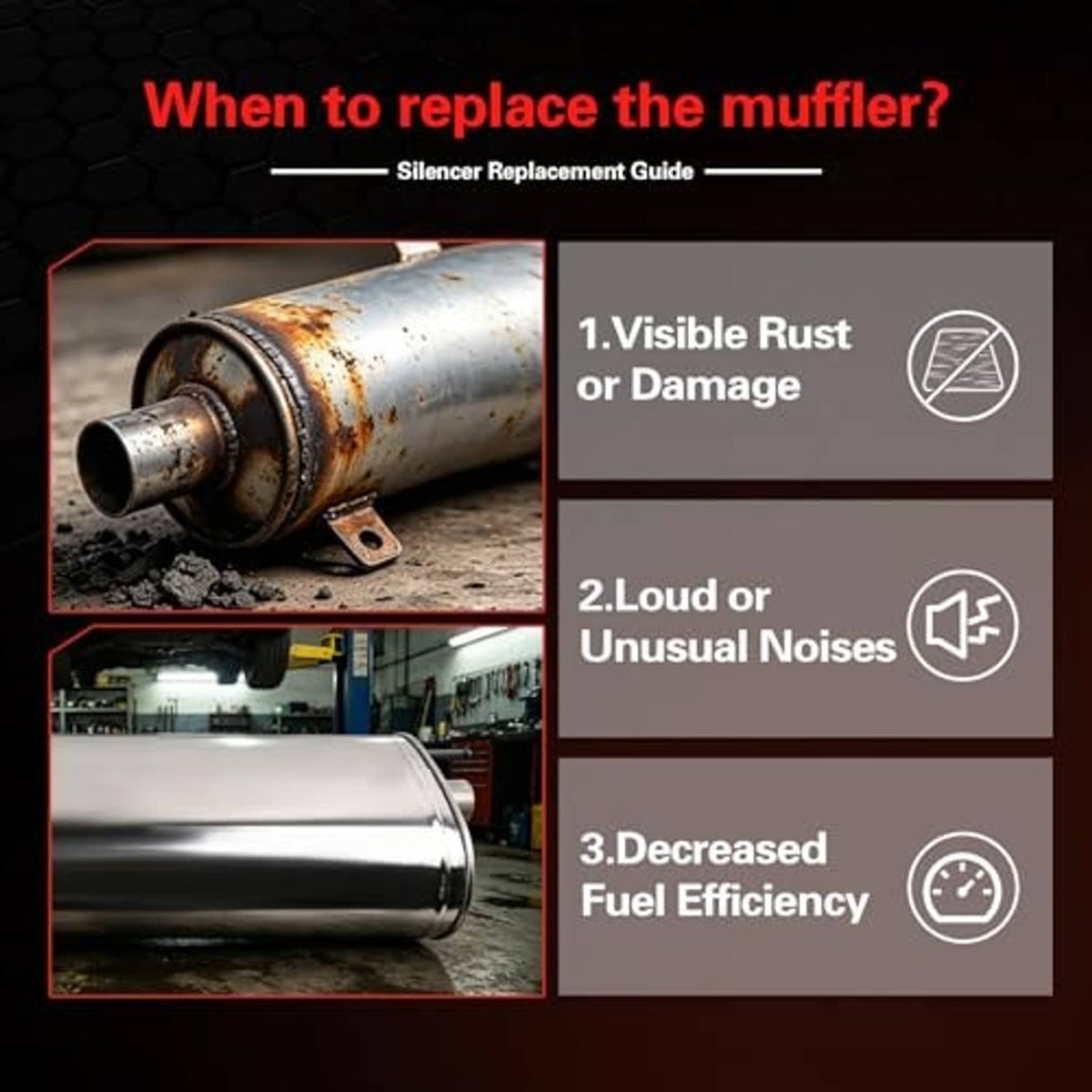 Silencer replacement guide with rusty exhaust muffler and replacement warning indicators