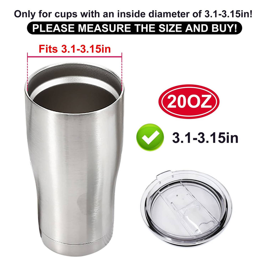Clear replacement lids for 20oz cups, shown with size match for 3.1–3.15in inside diameter
