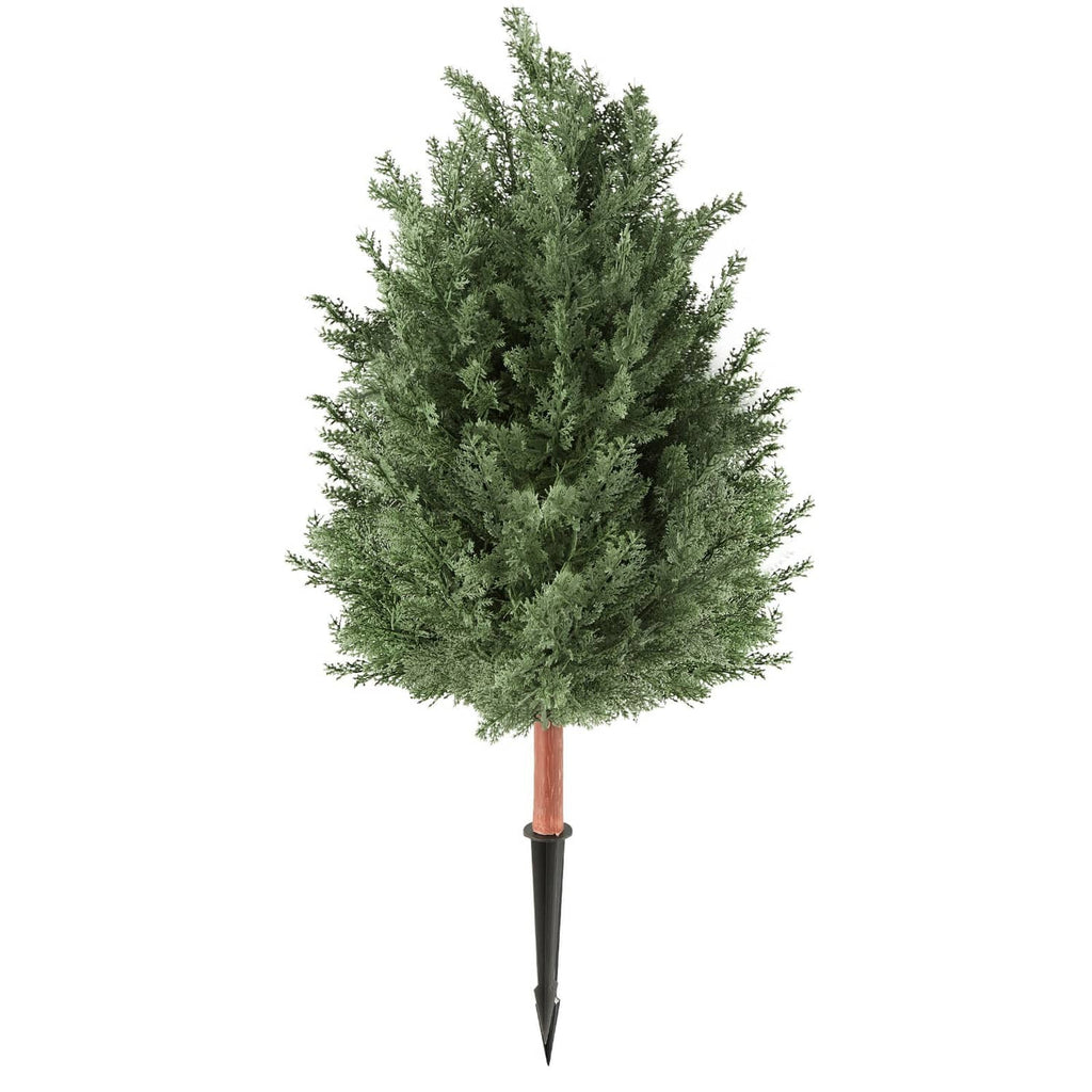 Artificial cedar topiary bush, dense green foliage on brown stem and black stake