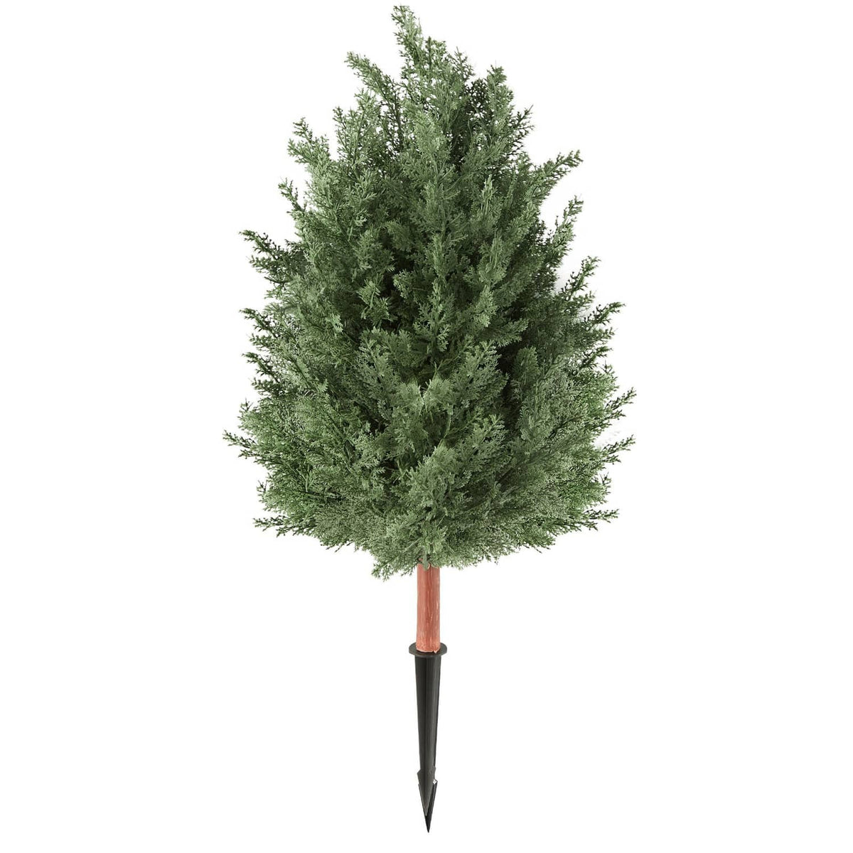 Artificial cedar topiary bush, dense green foliage on brown stem and black stake