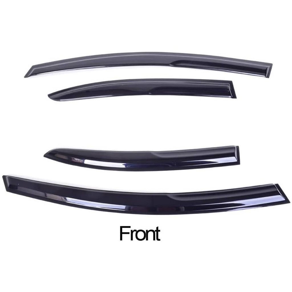 Front window visor rain guards in dark tinted finish, curved aerodynamic strips