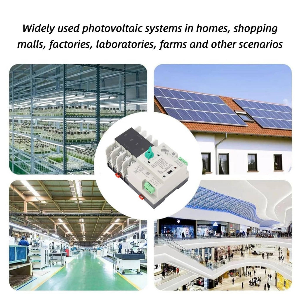 4P transfer switch used in solar photovoltaic systems, shown on rooftop and factory graphics