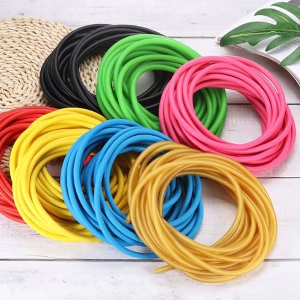 Assorted rubber tubing coils in black, yellow, blue, green, and pink