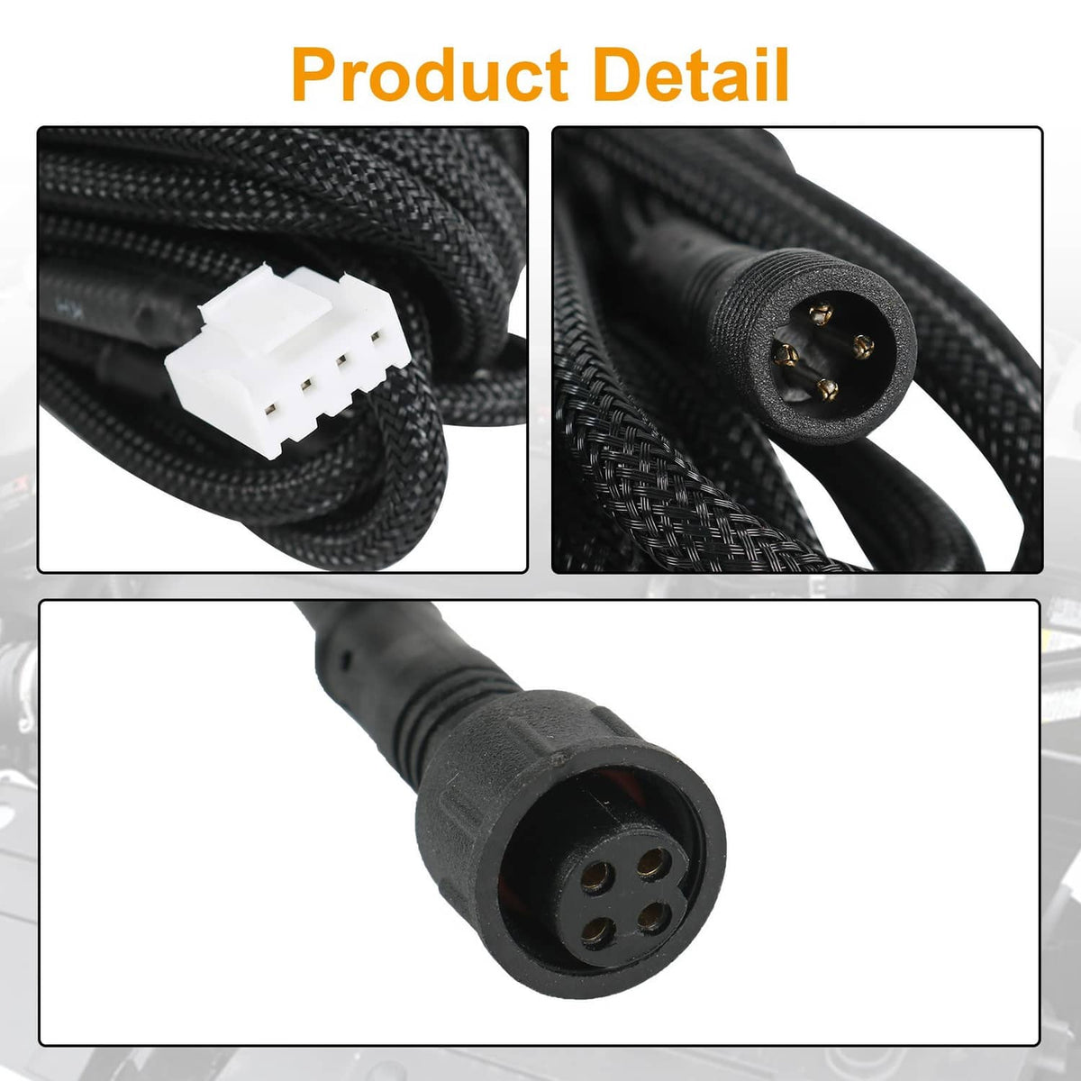 Black braided wiring with white multi-pin plug and round connector on control harness