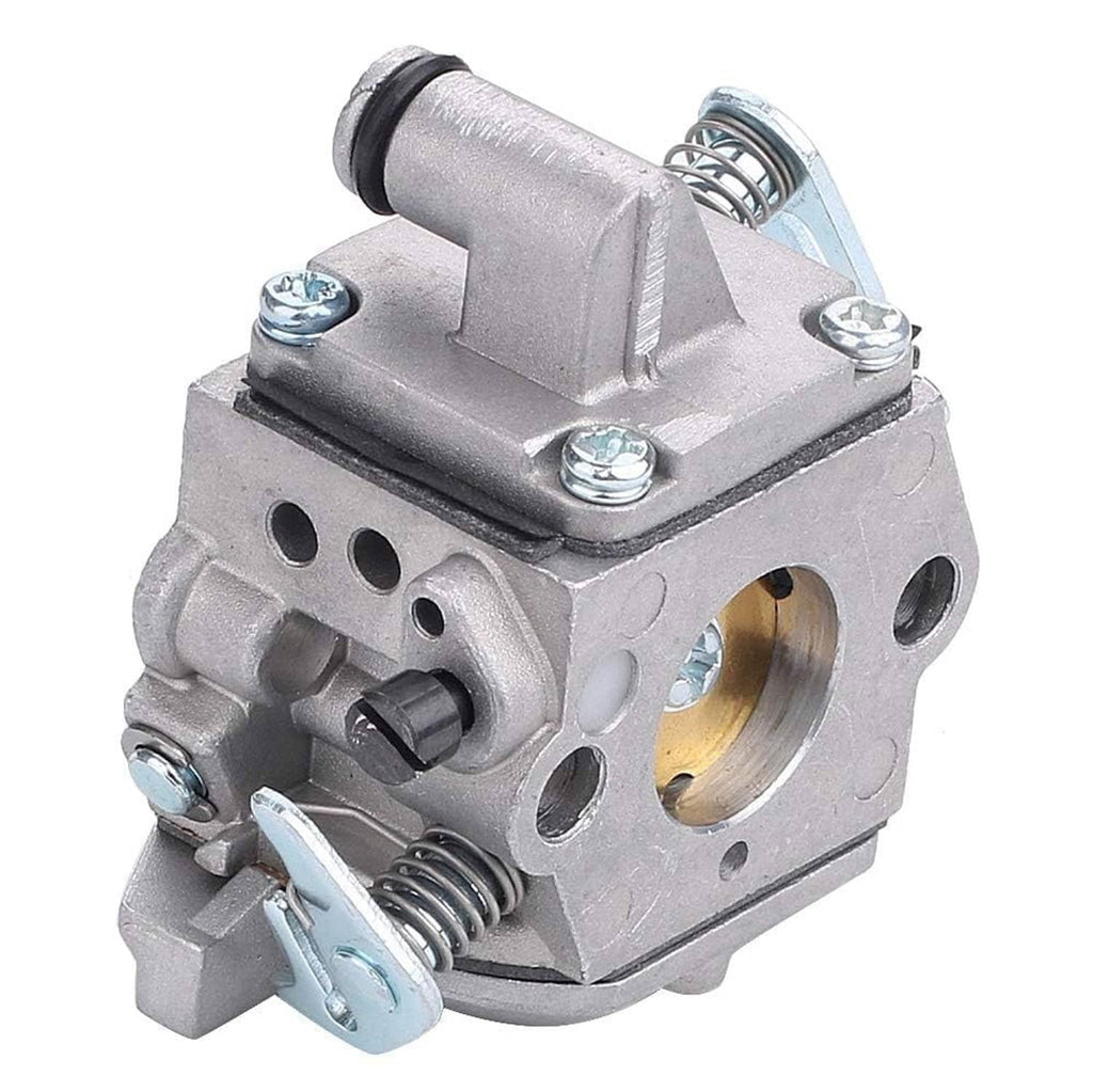 Metal carburetor housing with brass inlet port, screws, and spring lever