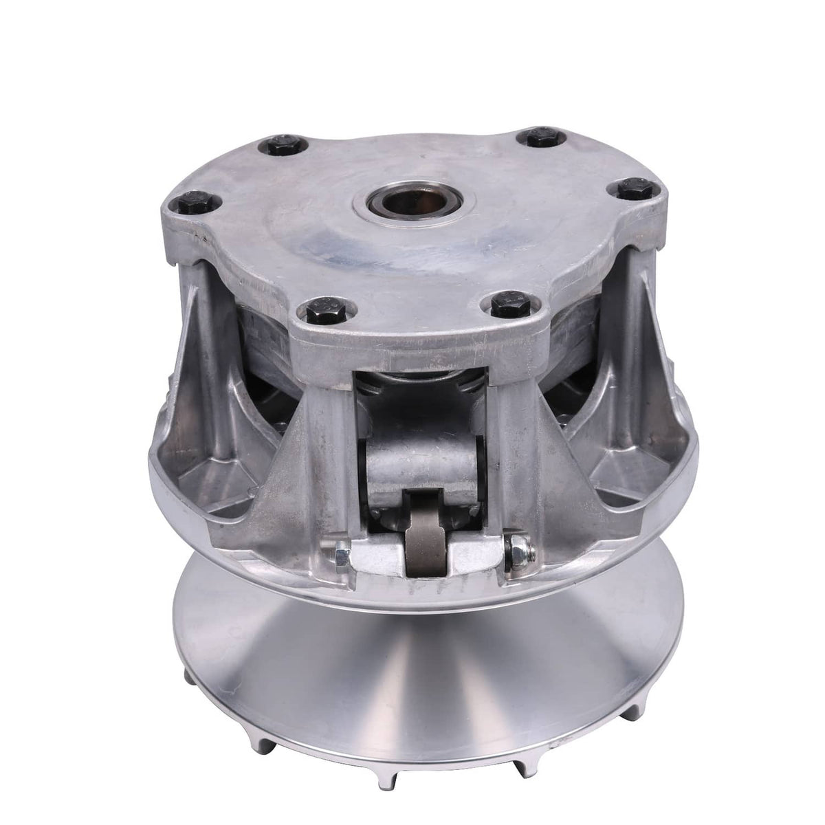 Overhead view of metal drive clutch assembly with central opening and three support fins