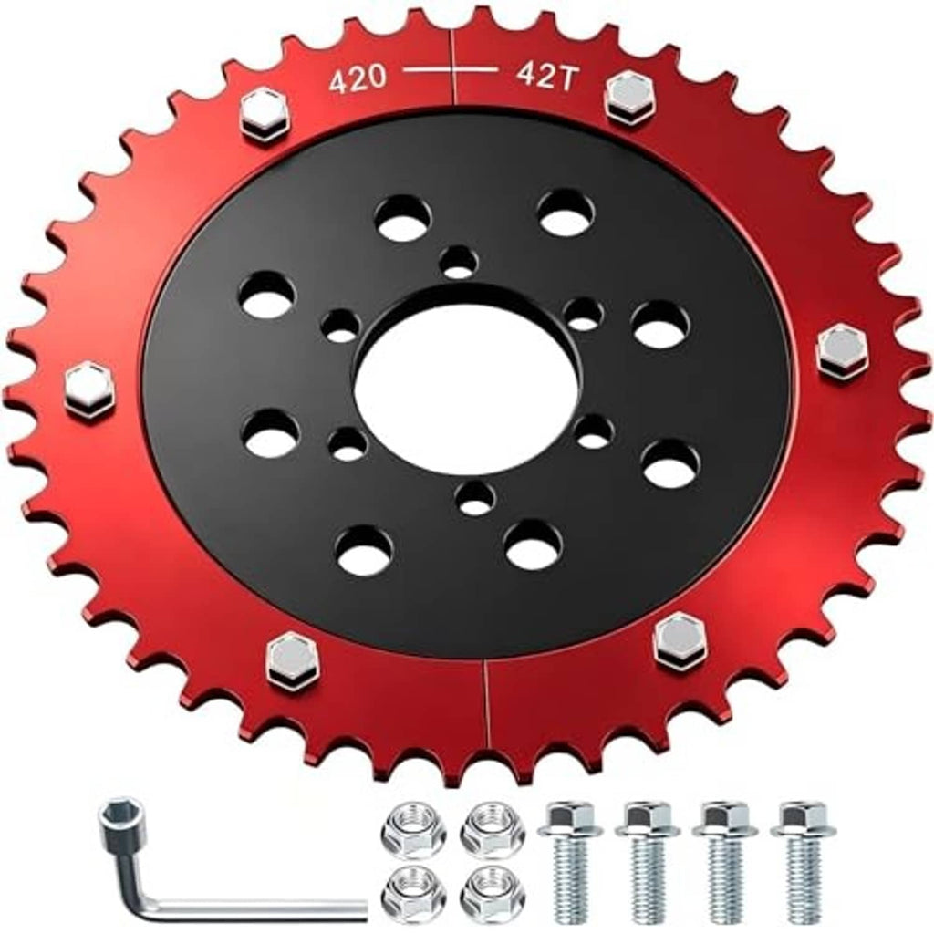 Red split sprocket with black center hub holes and hardware mounting nuts and screws