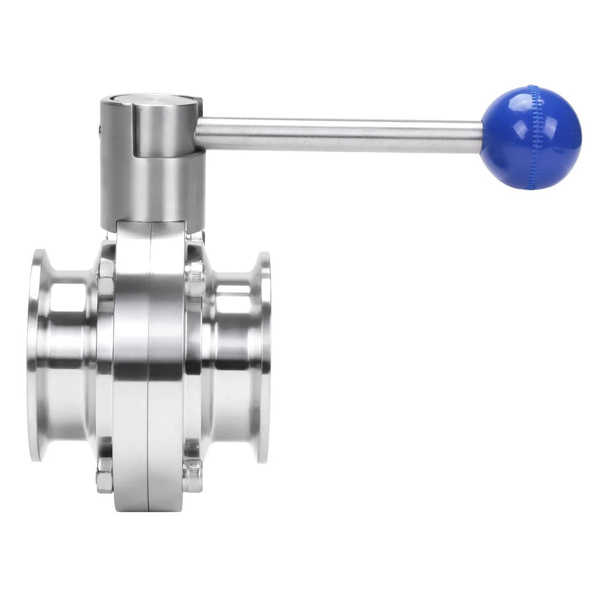 Stainless steel tri-clamp butterfly valve with blue pull lever and side tube connections