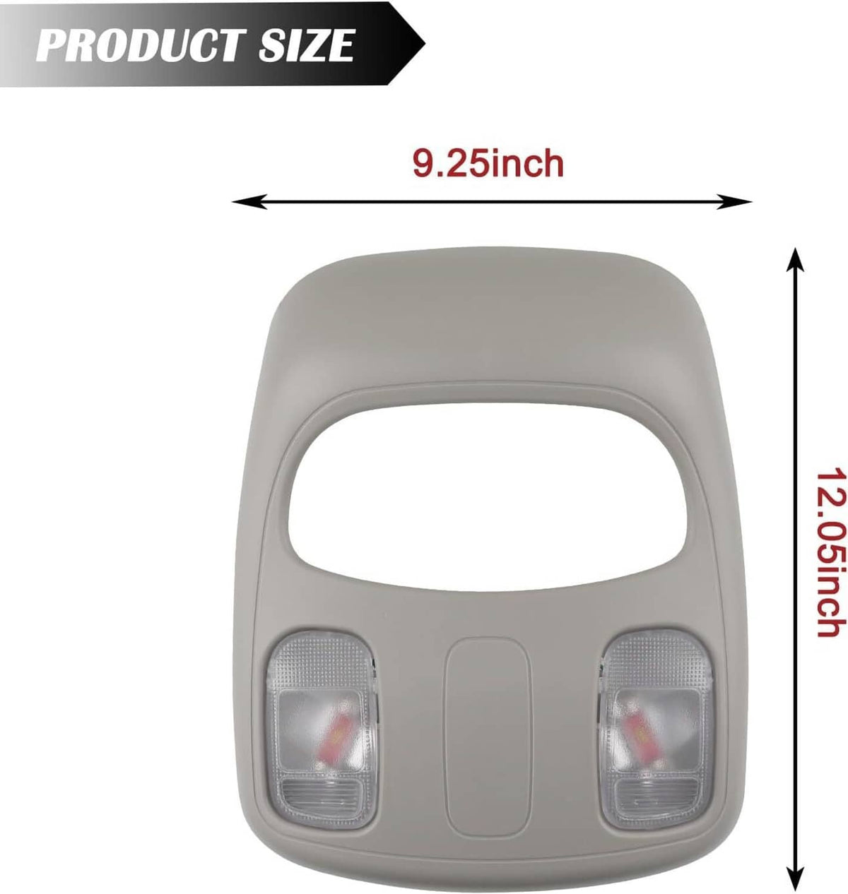 Grey overhead map light console housing with two clear lenses, size labeled diagram