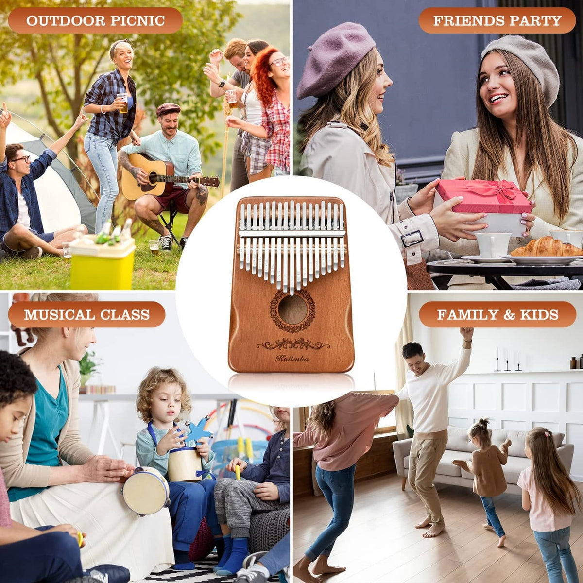 Brown 17-key kalimba thumb piano with engraved sound hole, centerpiece in activity scene