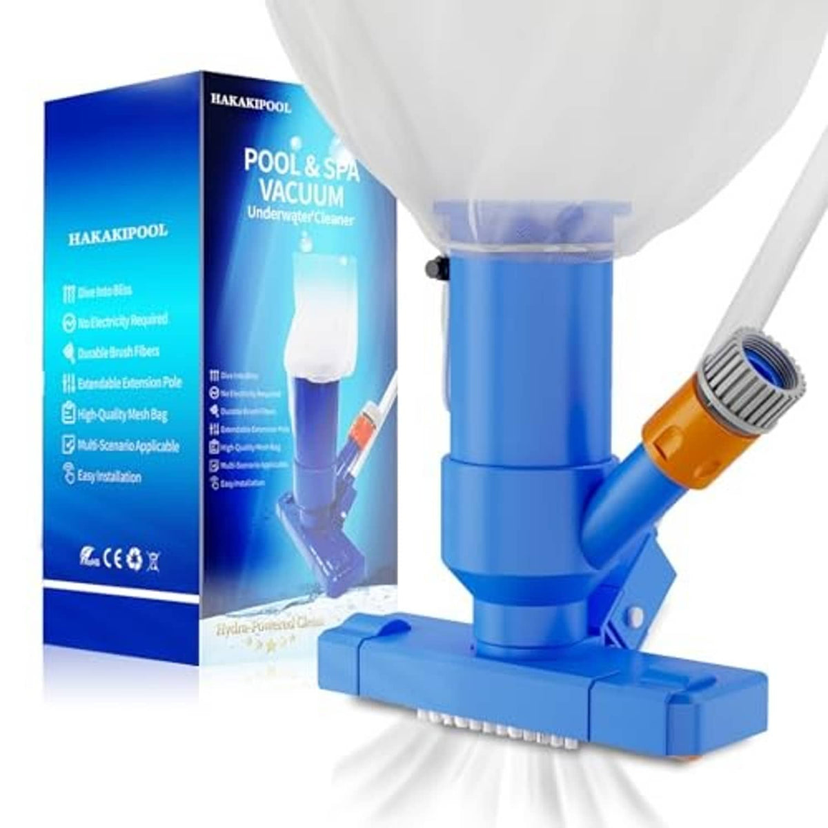 Blue underwater pool vacuum cleaner with orange jet fitting and wide brush base