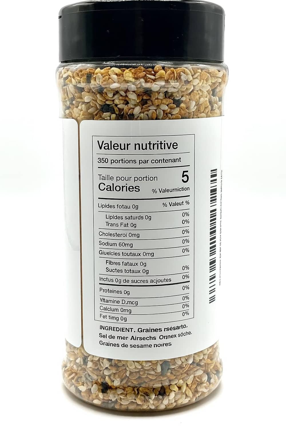 Everything bagel seasoning jar with back label nutrition and ingredient details