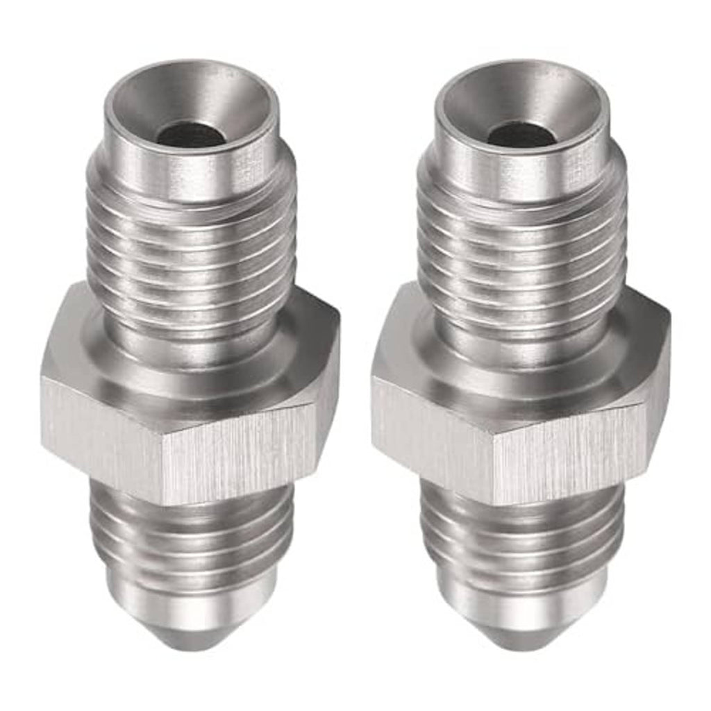 Two stainless steel inverted flare male fittings, hex base and threaded barrel