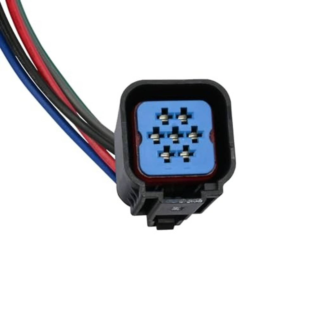 Headlight wiring harness connector pigtail with blue socket face and angled housing