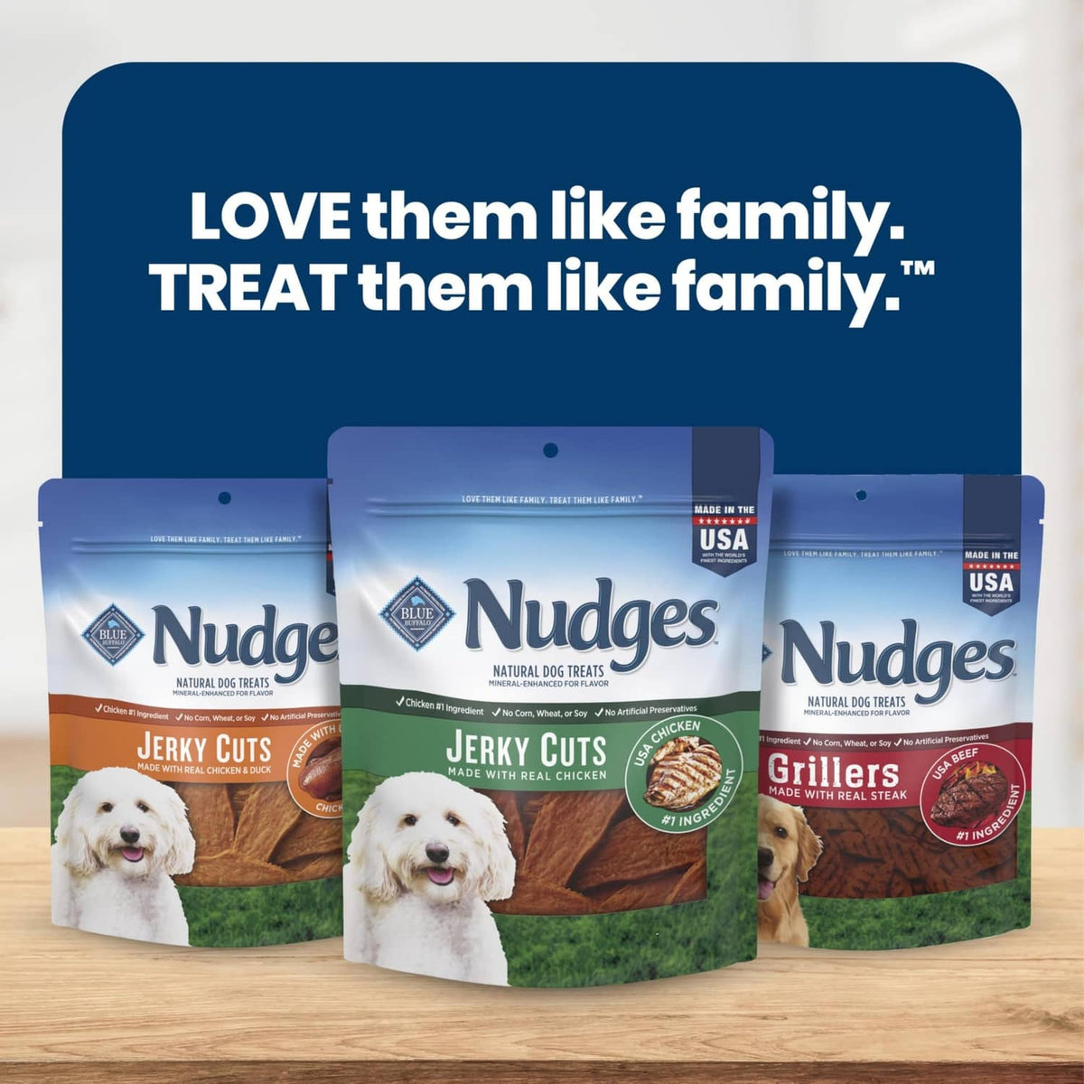 Assorted Blue Buffalo Nudges dog treat pouches with jerky cuts front packs
