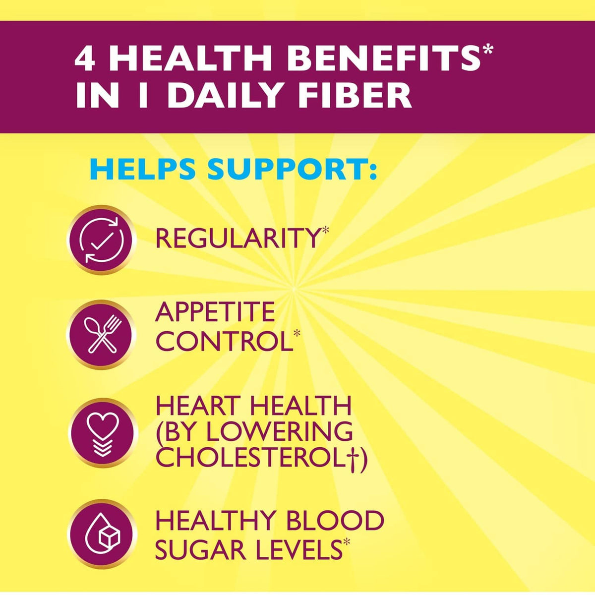 4 health benefits in daily fiber: regularity, appetite control, heart health, healthy blood sugar