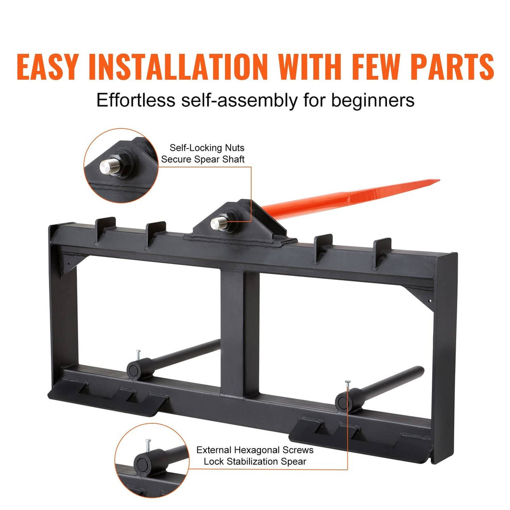 Black hay spear attachment with orange spear tip and two lower bale supports