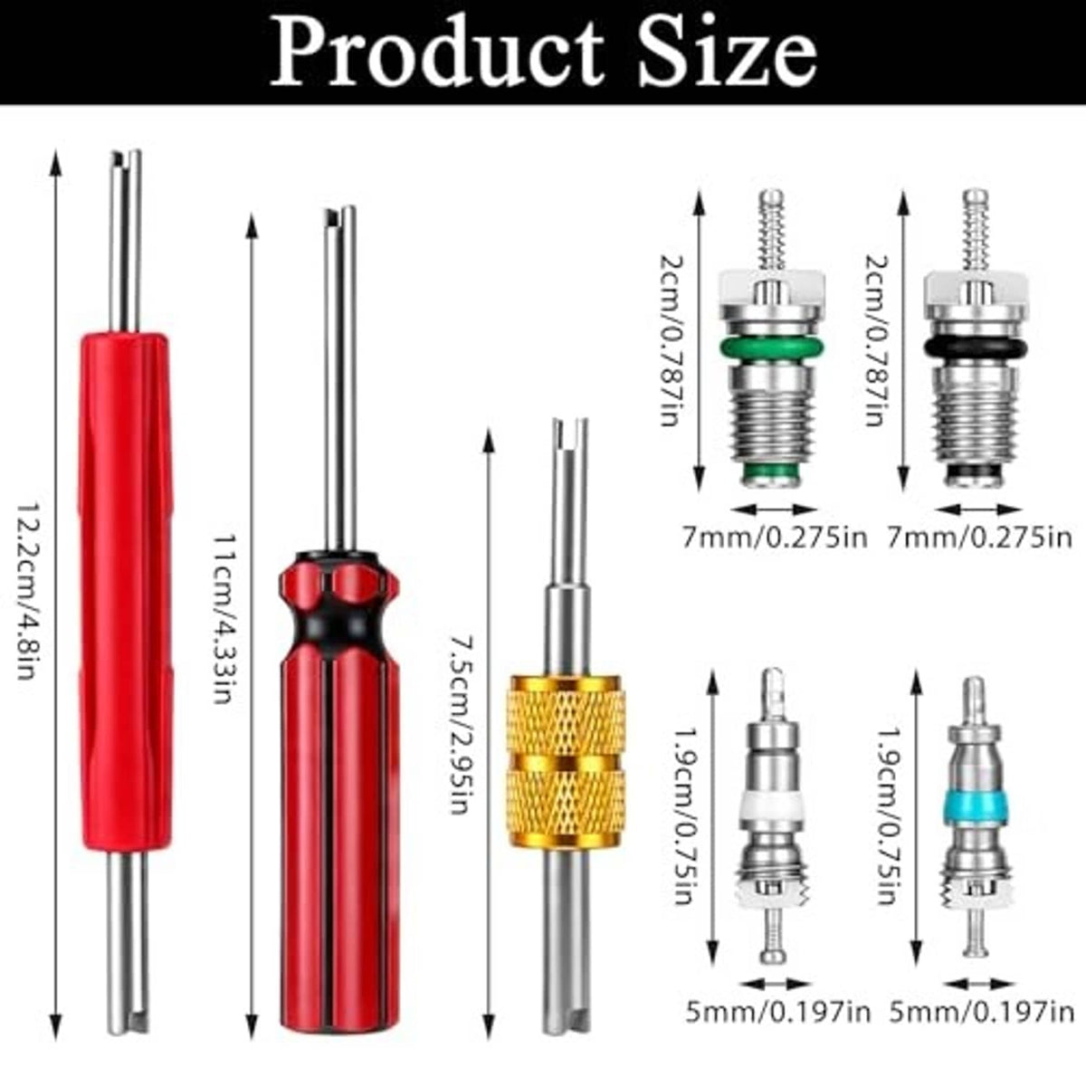 Valve core remover tools with red handles and silver shafts plus valve cores