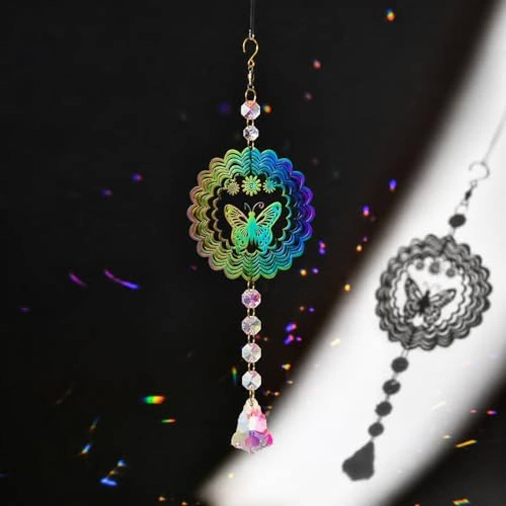 Butterfly crystal suncatcher wind spinner with multicolor beads creating light speckles