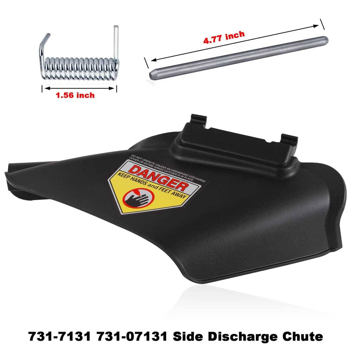Black side discharge chute with warning label, metal rod, and coiled spring