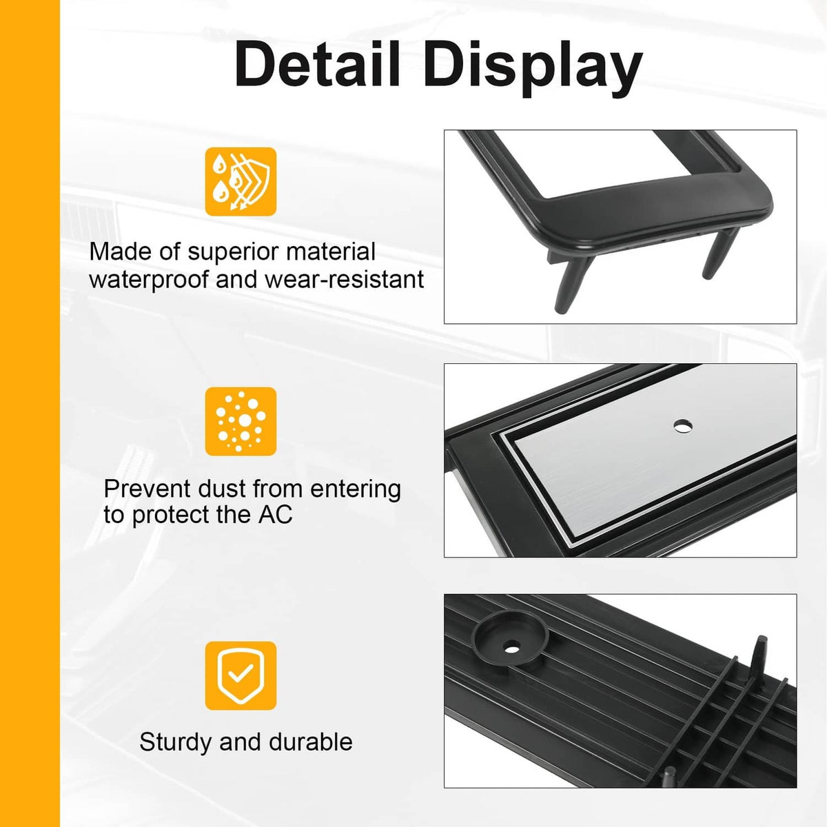 Dash A/C vent trim plate detail: silver insert set in black bezel