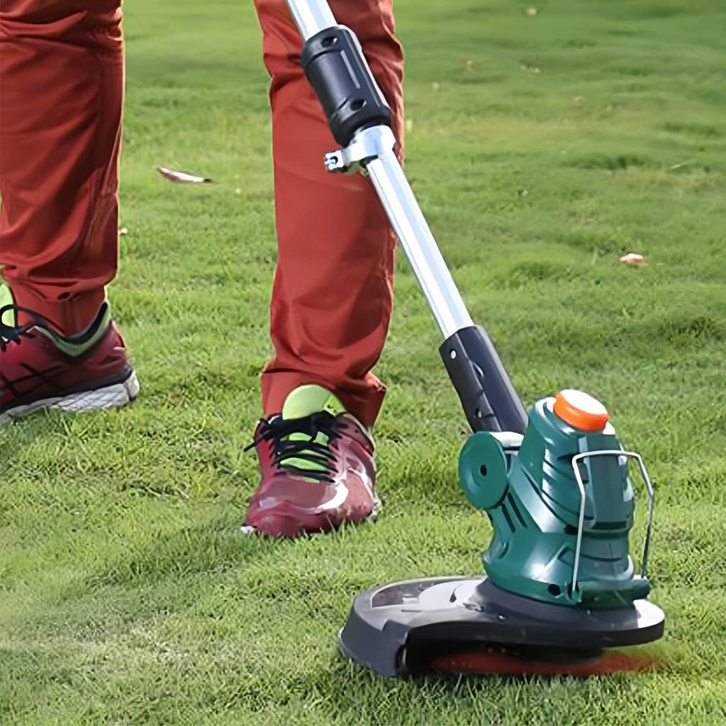 Gas string trimmer weed eater with cutting head over grass