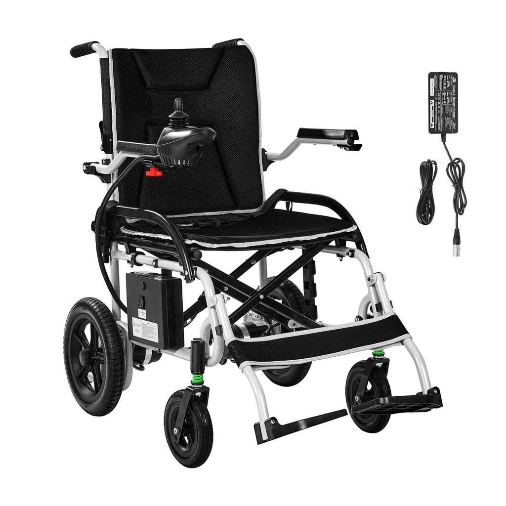Electric wheelchair with black padded seat and back, joystick control, and white metal frame