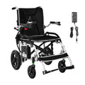 Electric wheelchair with black padded seat and back, joystick control, and white metal frame