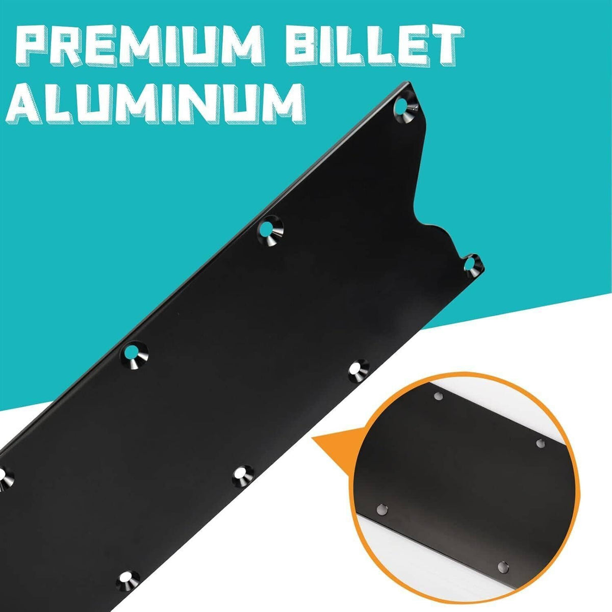 Billet aluminum valley pan cover plate, black, with evenly spaced mounting holes