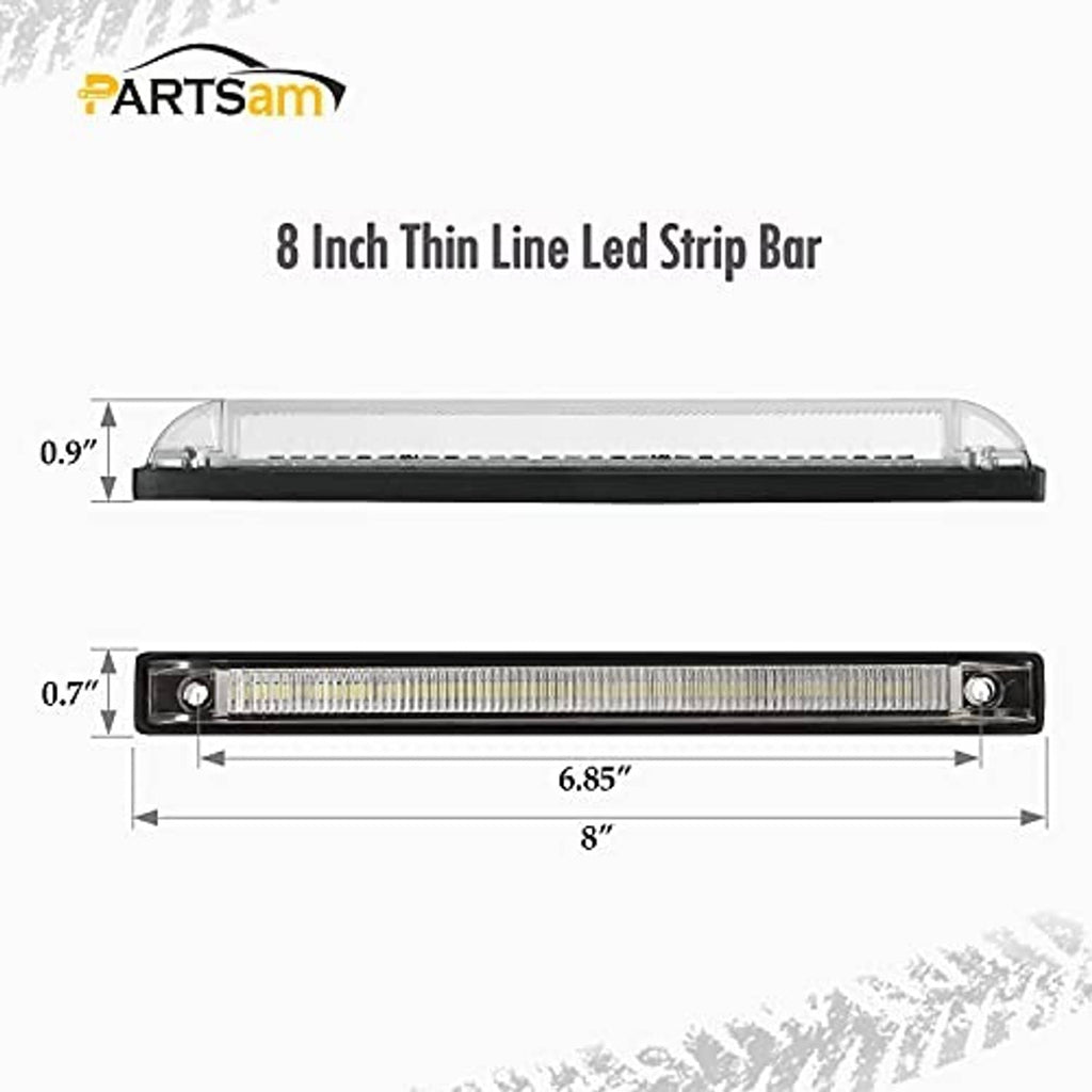 8-inch thin line LED strip light bar with clear cover and side mounting brackets, measurements