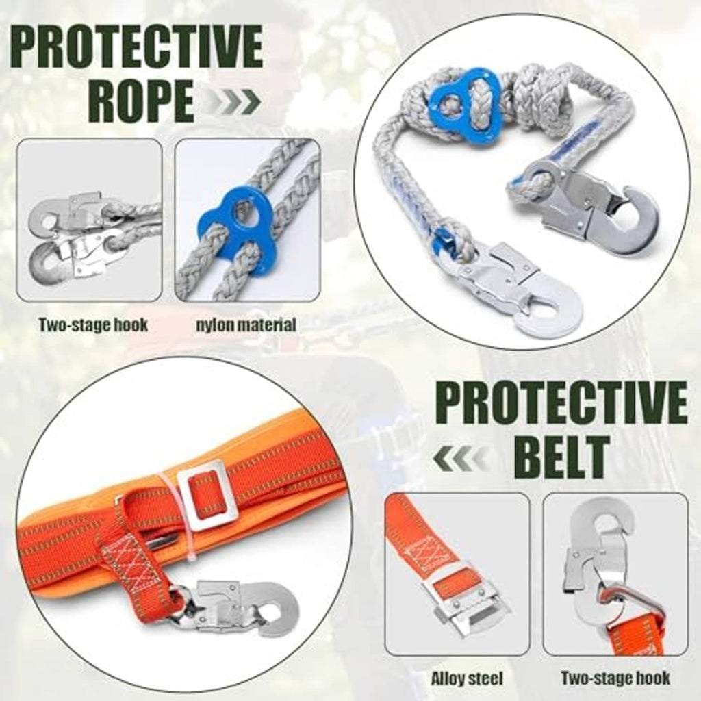 Protective climbing belt and rope hook set with orange strap and steel hardware