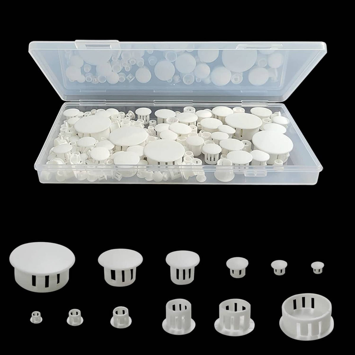 White plastic plugs assortment in clear case and loose round caps, multiple sizes
