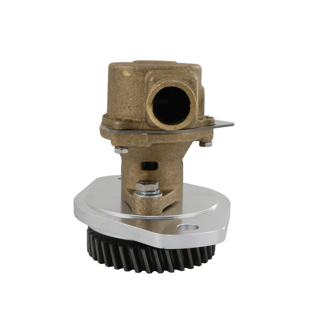 Raw water pump showing inlet opening, bronze housing, and toothed gear on flange