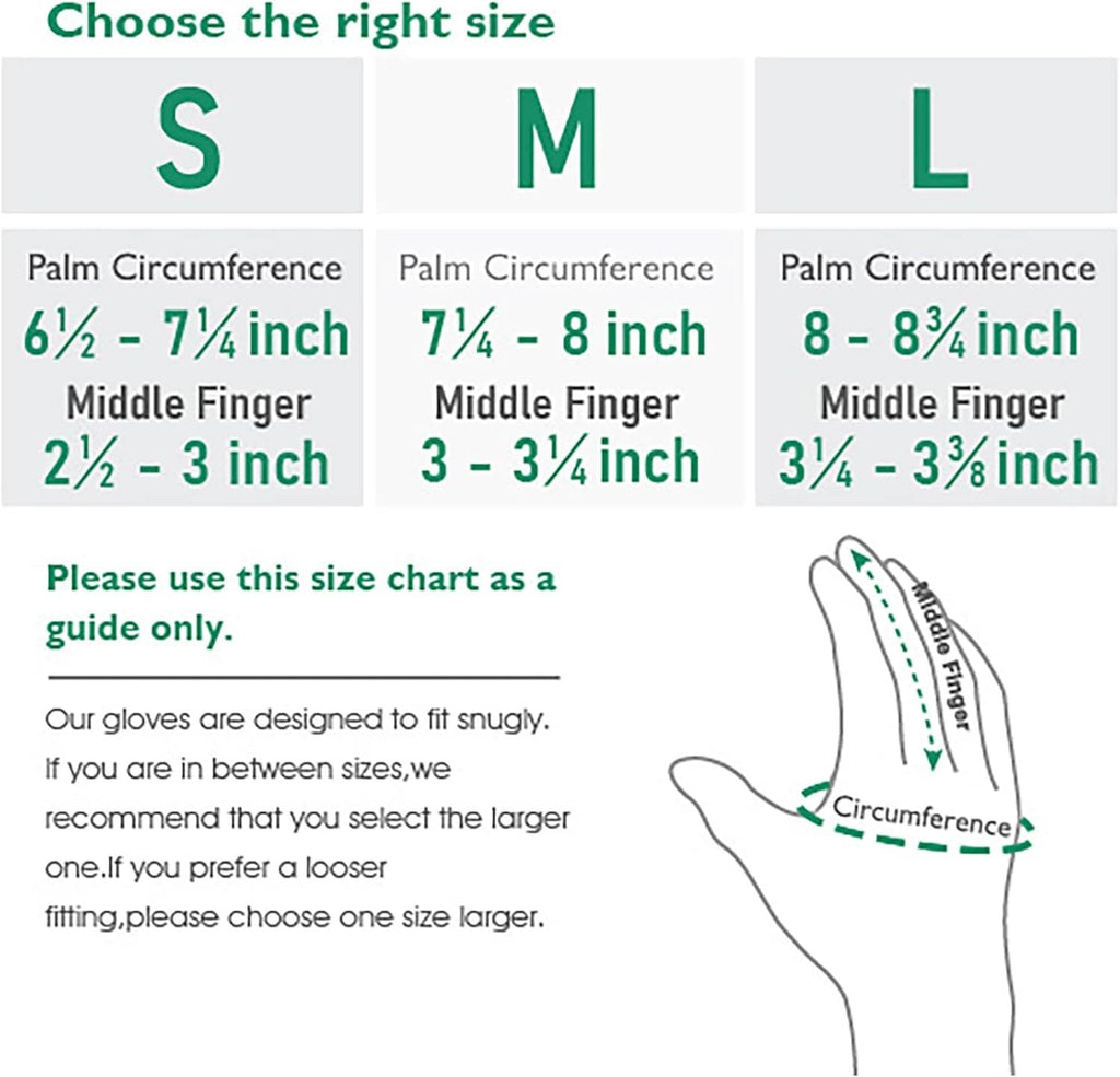 Gloves size chart with S, M, L palm and middle-finger measurements diagram