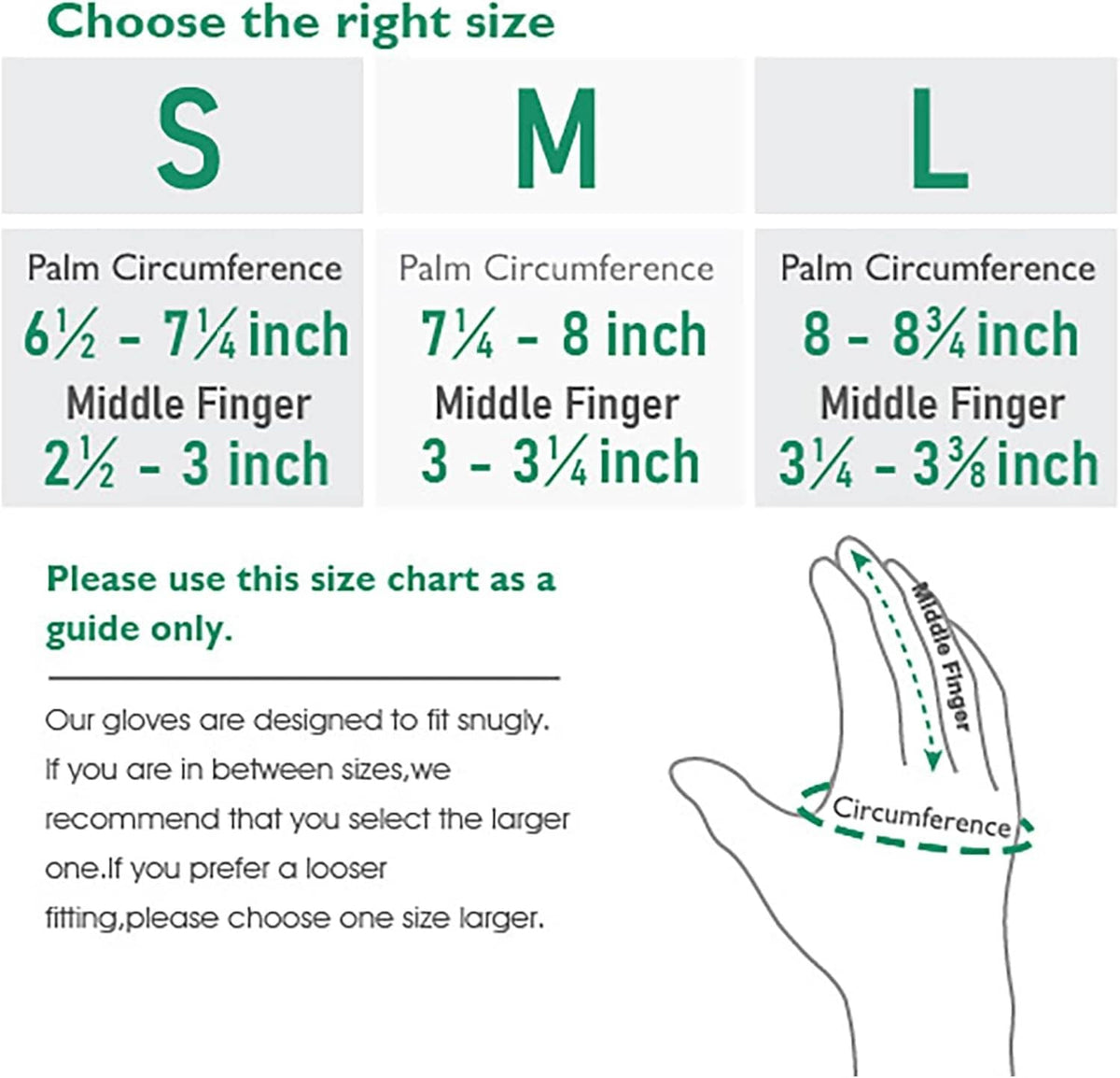 Gloves size chart with S, M, L palm and middle-finger measurements diagram