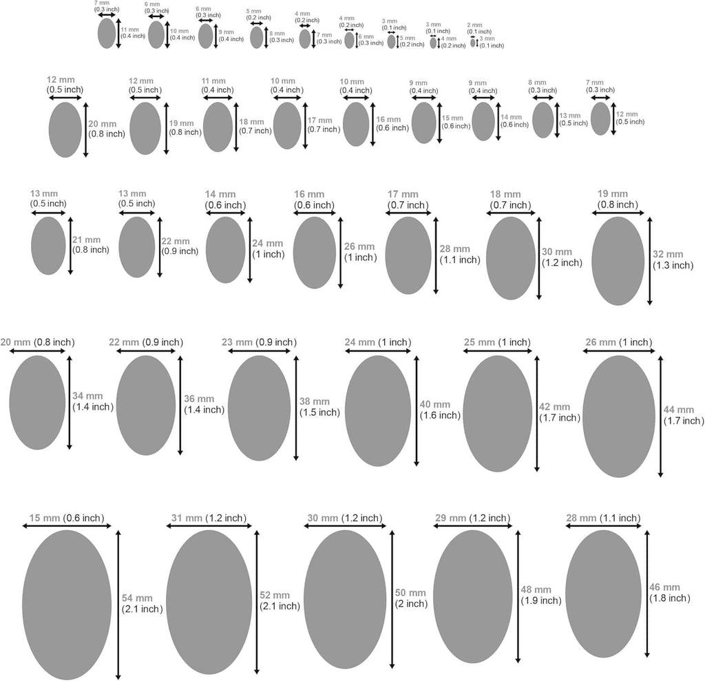 Oval stencil template size guide diagram with labeled oval shapes and measurements