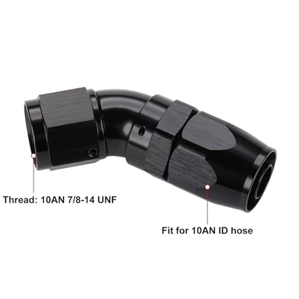 Black 45-degree swivel hose end fitting with dual hex surfaces