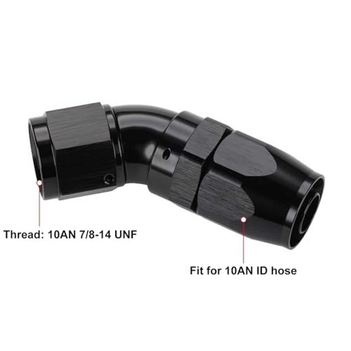 Black 45-degree swivel hose end fitting with dual hex surfaces