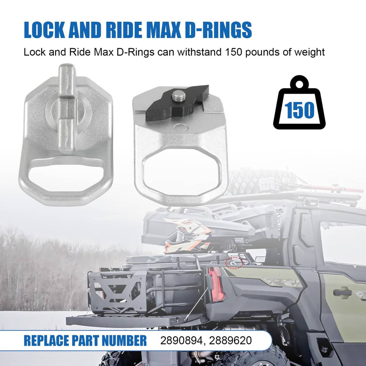 Lock And Ride Max silver D-Rings, 2-pack with black mounting pieces