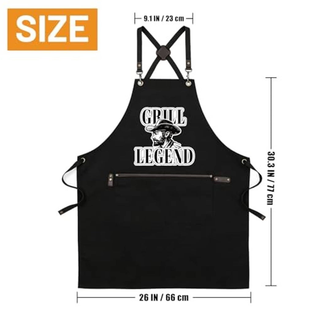 Black cross-back apron with Grill Legend graphic; size guide diagram shown.