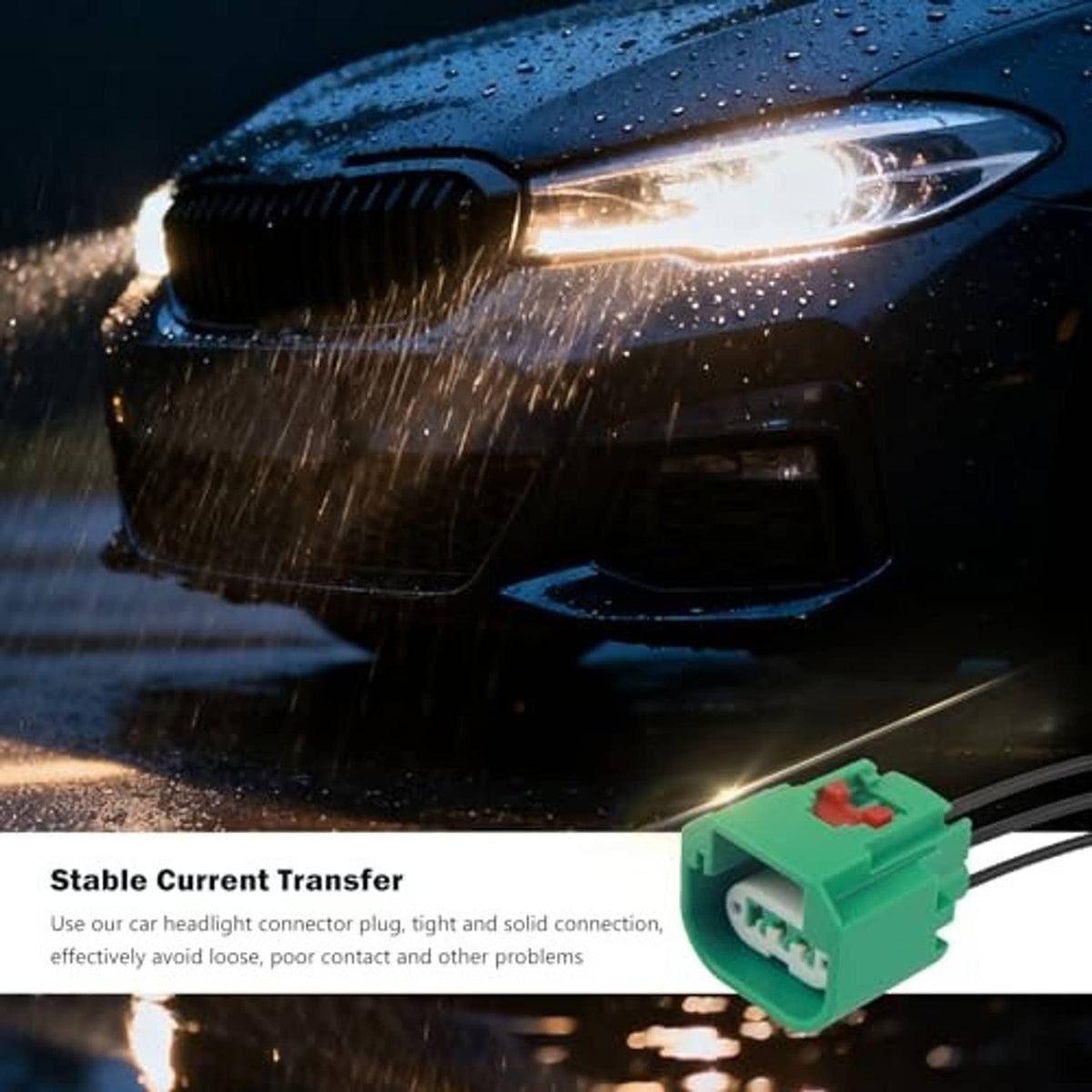 Green headlight wiring plug with black wire leads near a vehicle headlamp