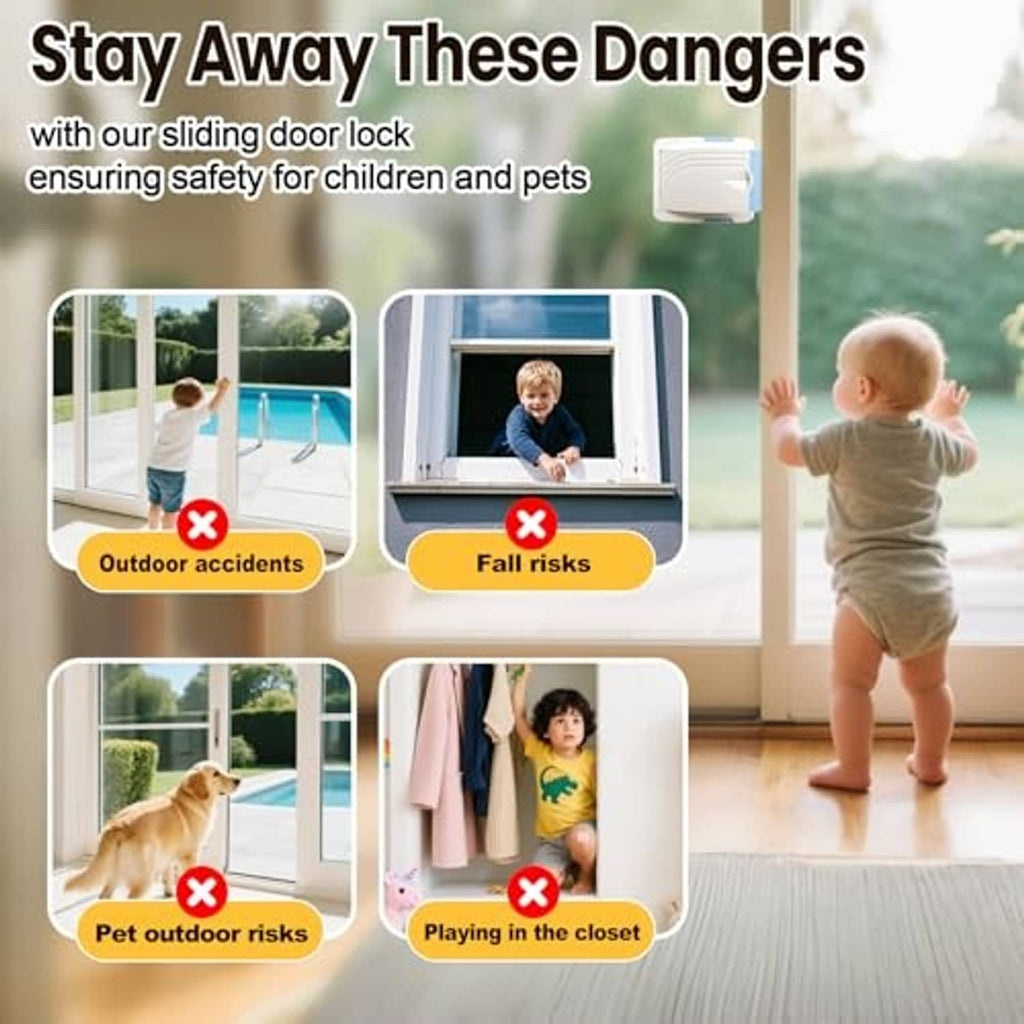 White sliding door lock on window frame with toddler reaching and dog watching